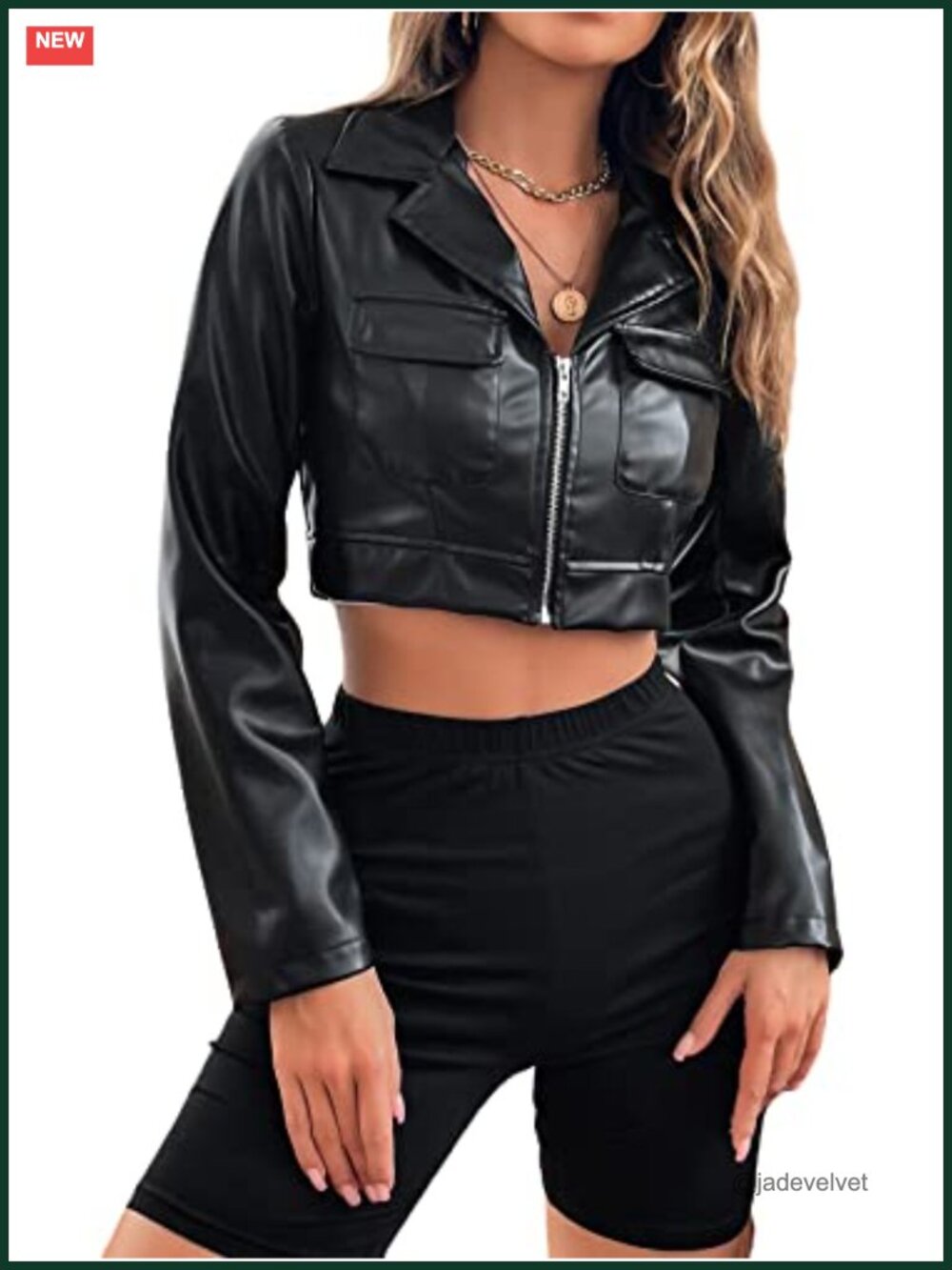 PU Leather Cropped Moto Jacket Zip Front Flap Pockets